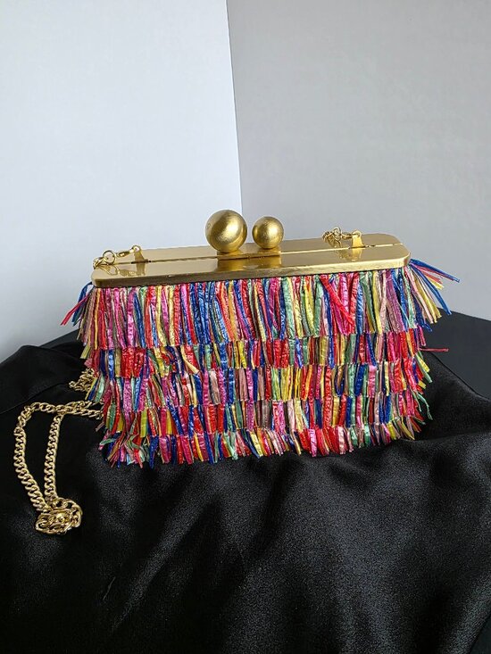 Olga Berg Handbags - Olga Berg Carlita Carnivale Clutch Bag Multicolor Raffia Gold Frame Chain Strap